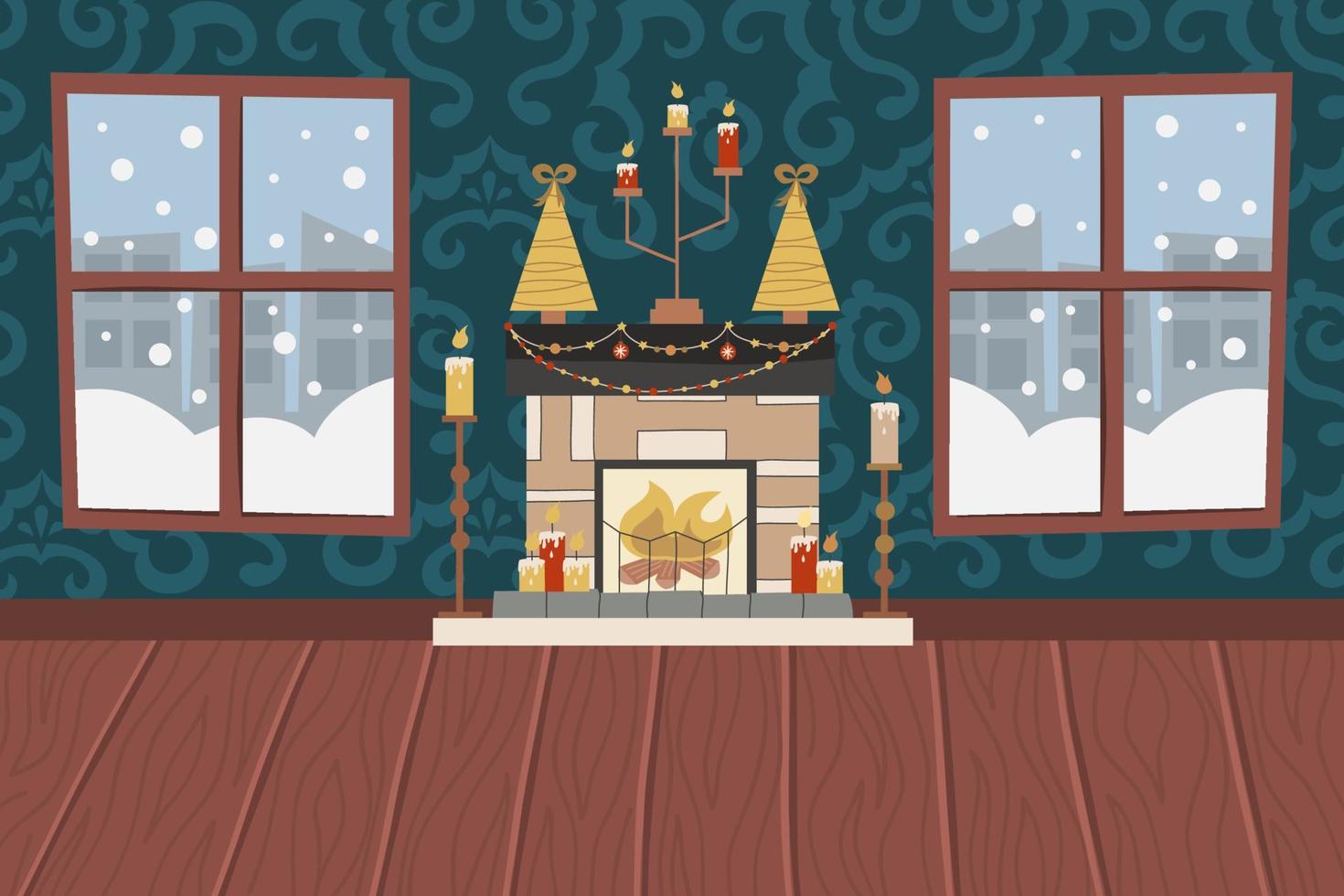 Christmas living room with fireplace, wooden floor, patterned wallpaper and snowy windows.Fireplace with candles, garlands and golden Christmas trees. Vector illustration for a festive interior.