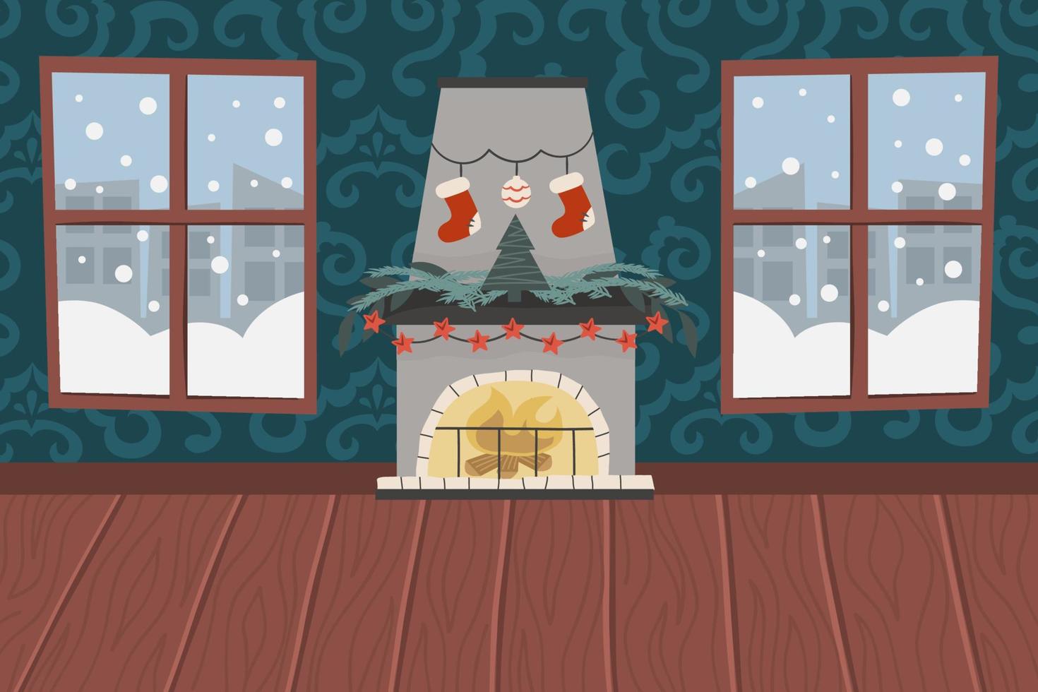 Christmas living room with fireplace, wooden floor, patterned wallpaper and snowy windows.Fireplace with a tree, Christmas socks and garlands .. Vector illustration for a festive interior.