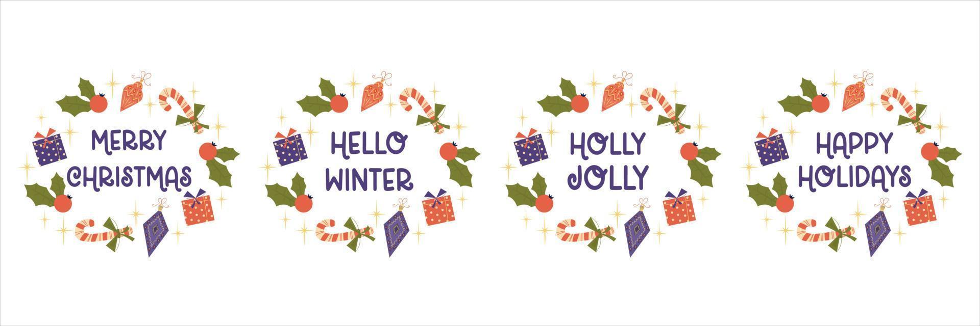 Christmas frames with congratulations text isolated on white background.Round design with different text, holly and toys. Vector illustration in a flat style. Christmas decor.