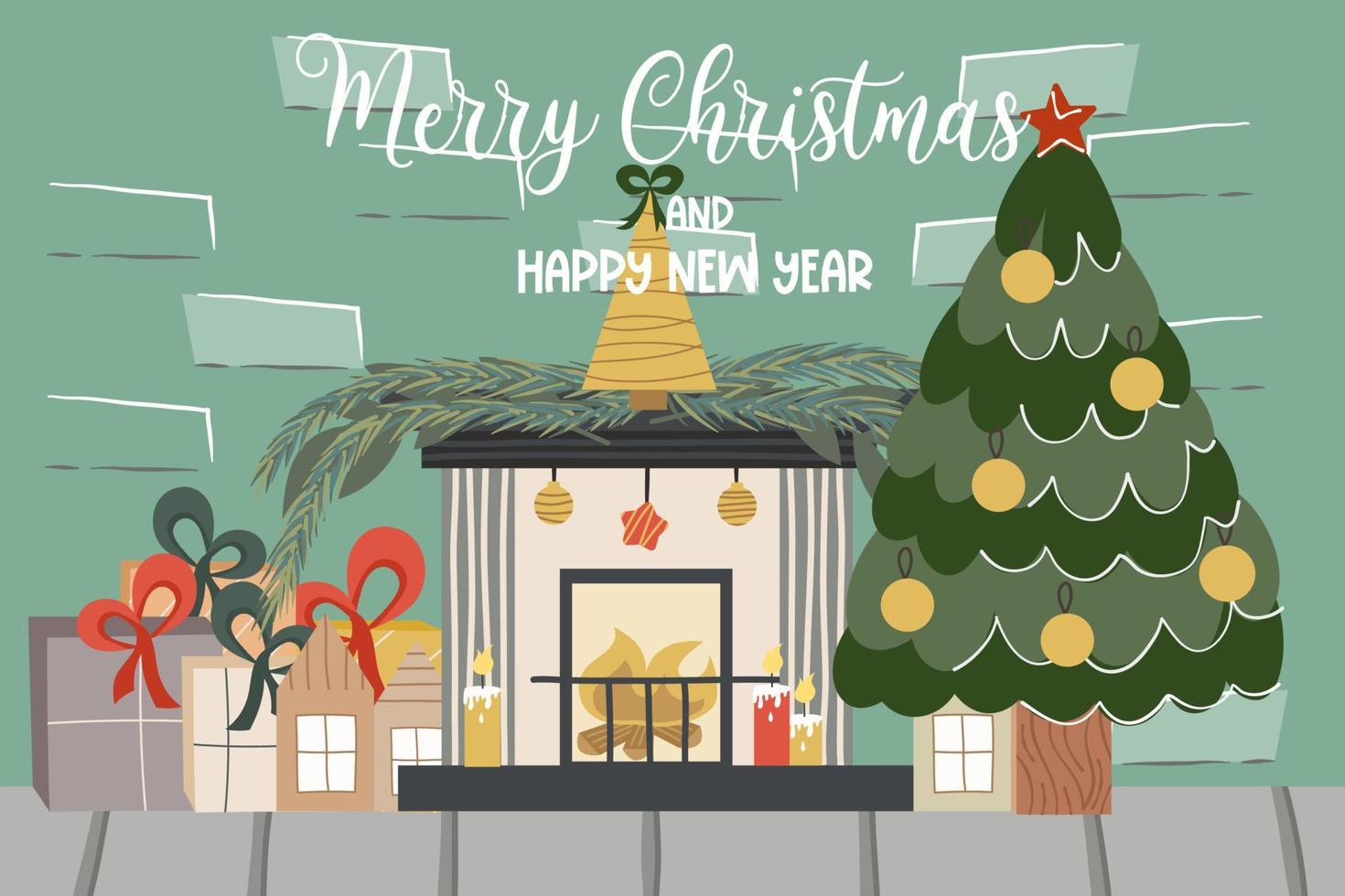 Christmas brick loft with fireplace, fir tree, text Merry Christmas.Decorated with balls spruce and fireplace candles and gifts. Vector illustration of a festive interior.