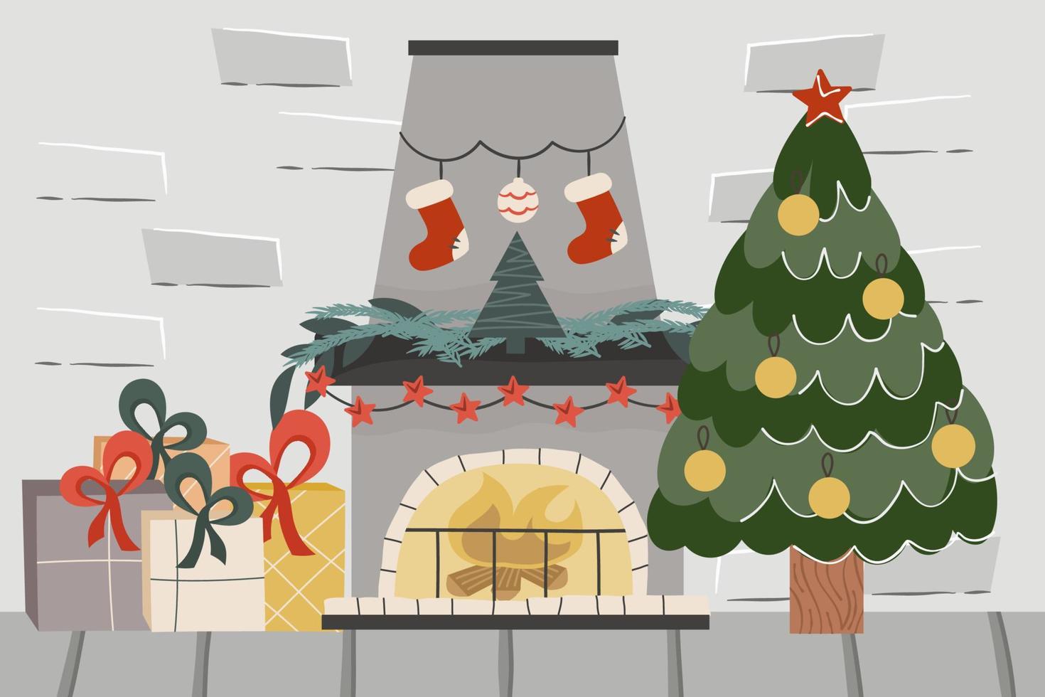 Loft navideño de ladrillo con chimenea y arbolito. Bolas decoradas de abeto, chimenea con velas y obsequios. ilustración vectorial de un interior festivo vector