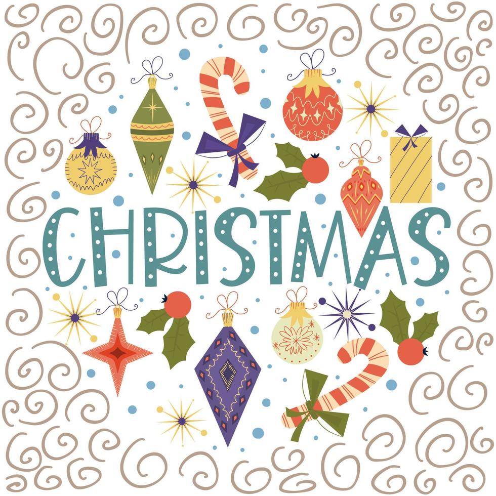 Diseño vintage redondo navideño con texto navideño.Colores retro para decoraciones, bolas, regalos, acebo. composición de cubierta redonda con copos de nieve, rizos en estilo plano. ilustración vectorial vector