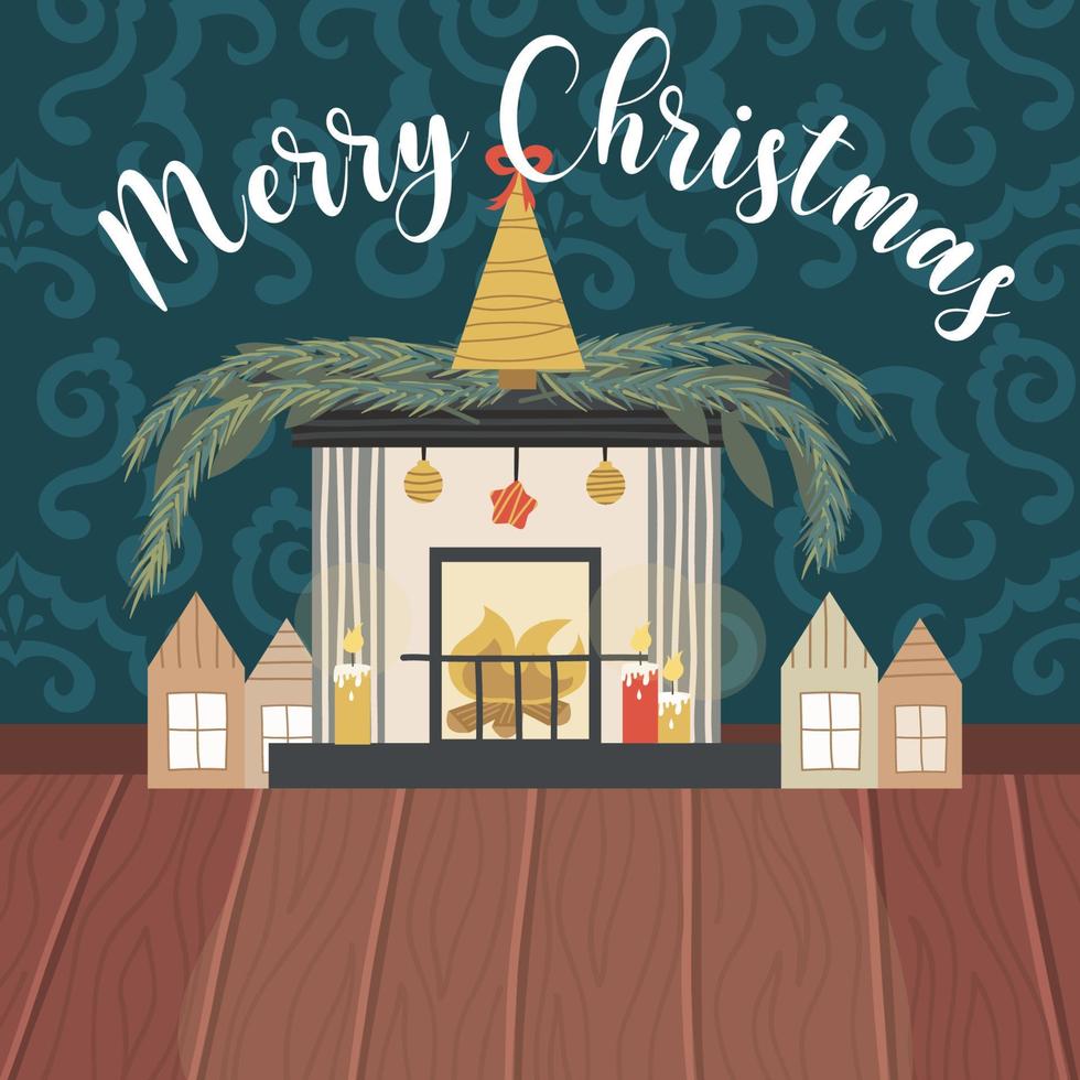 sala de estar navideña con chimenea, piso de madera, papel tapiz estampado y texto feliz navidad. chimenea con un árbol dorado, velas, casas y una guirnalda. ilustración vectorial para tarjetas navideñas vector