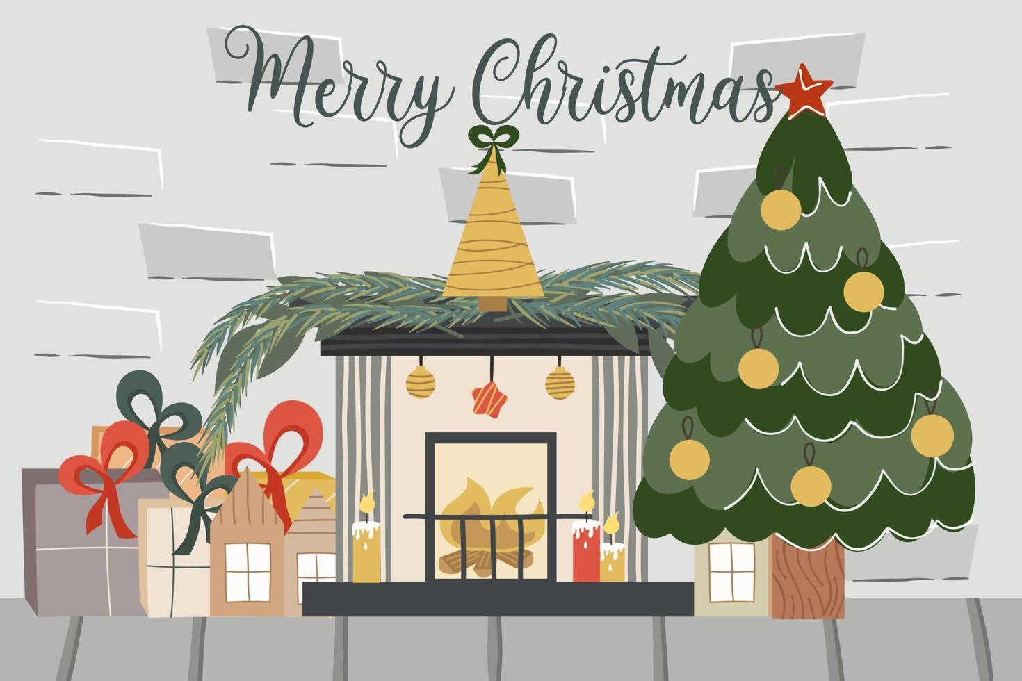 loft navideño de ladrillo con chimenea, abeto, texto feliz navidad. decorado con bolas de abeto y chimenea, velas y regalos. ilustración vectorial de un interior festivo. vector