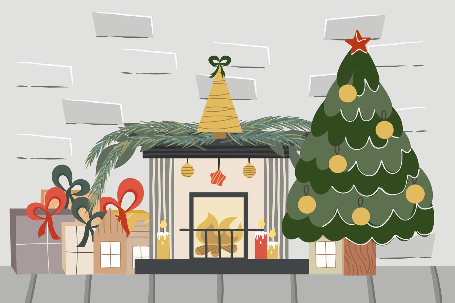 Loft navideño de ladrillo con chimenea y arbolito. Bolas decoradas de abeto, chimenea con velas y obsequios. ilustración vectorial de un interior festivo vector