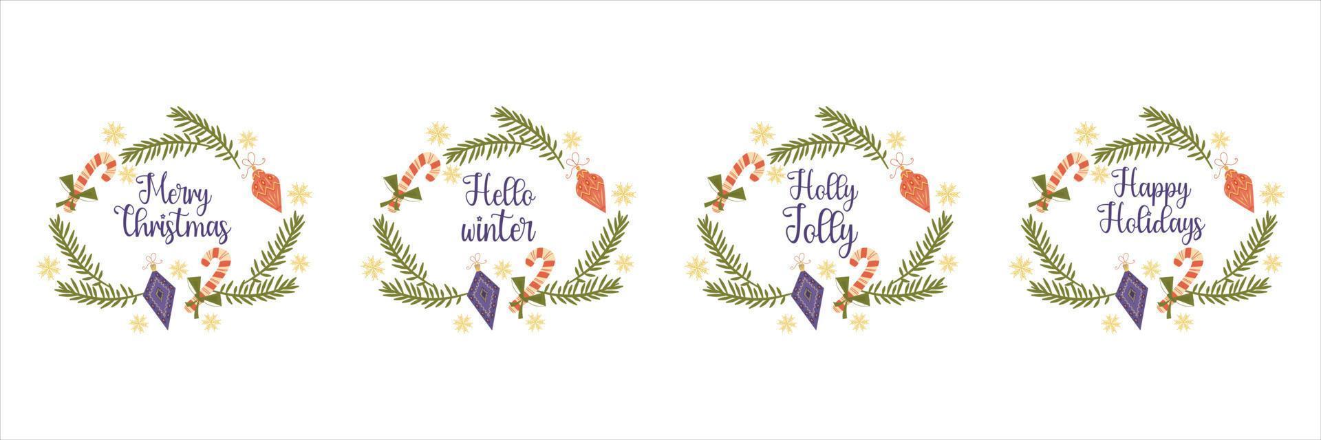 Christmas frames with congratulations text isolated on white background.Round design with different text, fir branches and toys. Vector illustration in a flat style. Christmas decor.