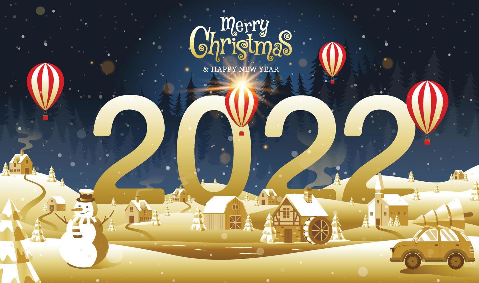 Merry Christmas, happy new year, 2022, Golden landscape fantasy, vector illustration.