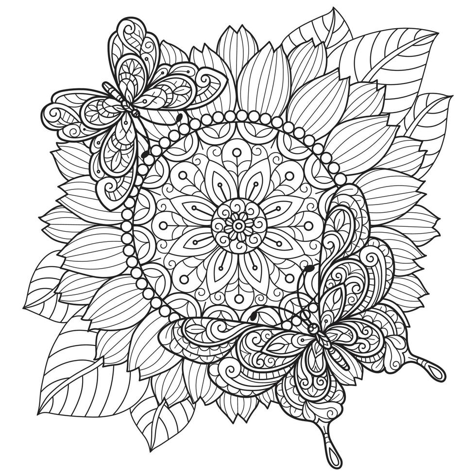 girasol y mariposa dibujados a mano para libro de colorear para adultos vector