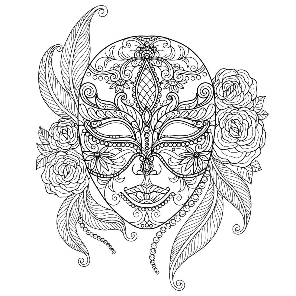 Beautiful mask hand drawn for adult coloring book vector