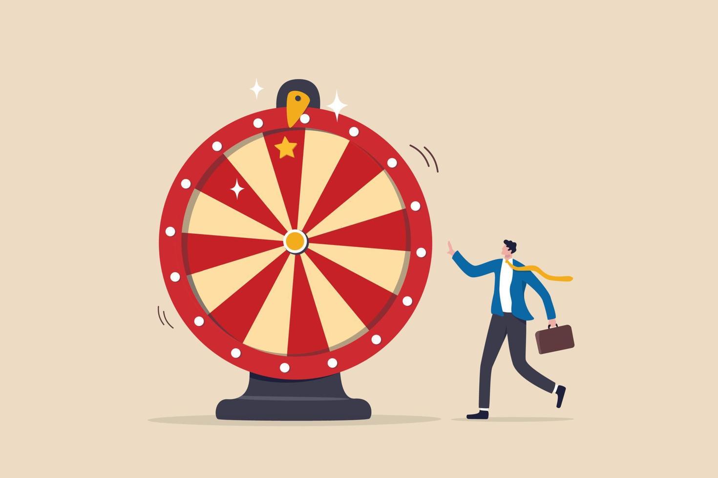 Life depend on luck, fortune wheel randomness, chance and opportunity to get new job, investment winning or gambling concept, excite businessman looking at spinning fortune wheel waiting for luck. vector