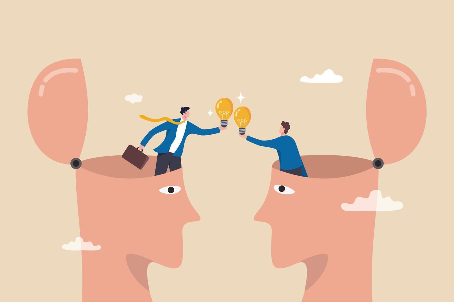 Exchange idea from brainstorm to get new solution to solve problem, sharing knowledge, creativity and innovation concept, businessman open from human brain head to exchange business lightbulb ideas. vector