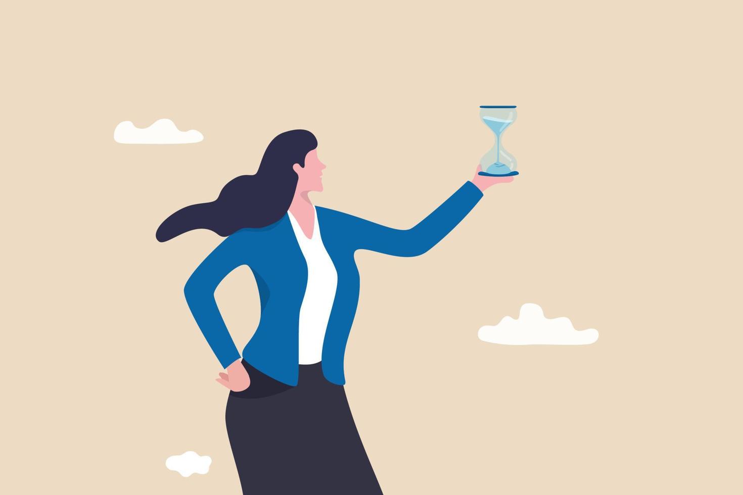 Deadline or time counting down on business project, time management, urgency or time schedule concept, confident businesswoman manager holding hourglass or sandglass as timer or time counting down. vector