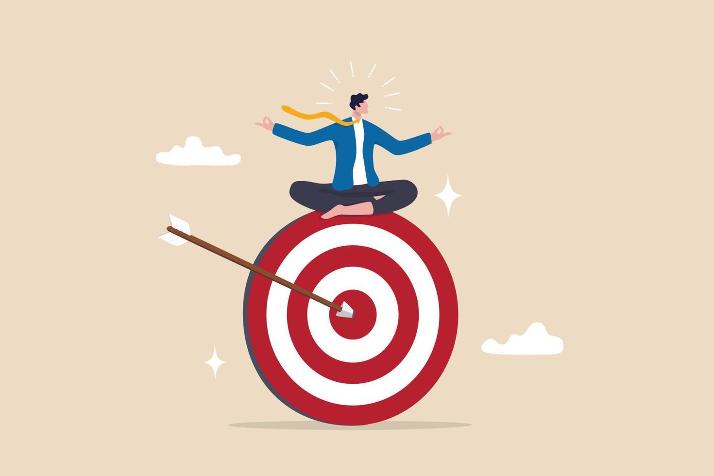 Stay focused and concentrate on business objective, goal or target, relax meditation to eliminate distraction concept, peaceful businessman meditate sitting and focusing on big archer target. vector
