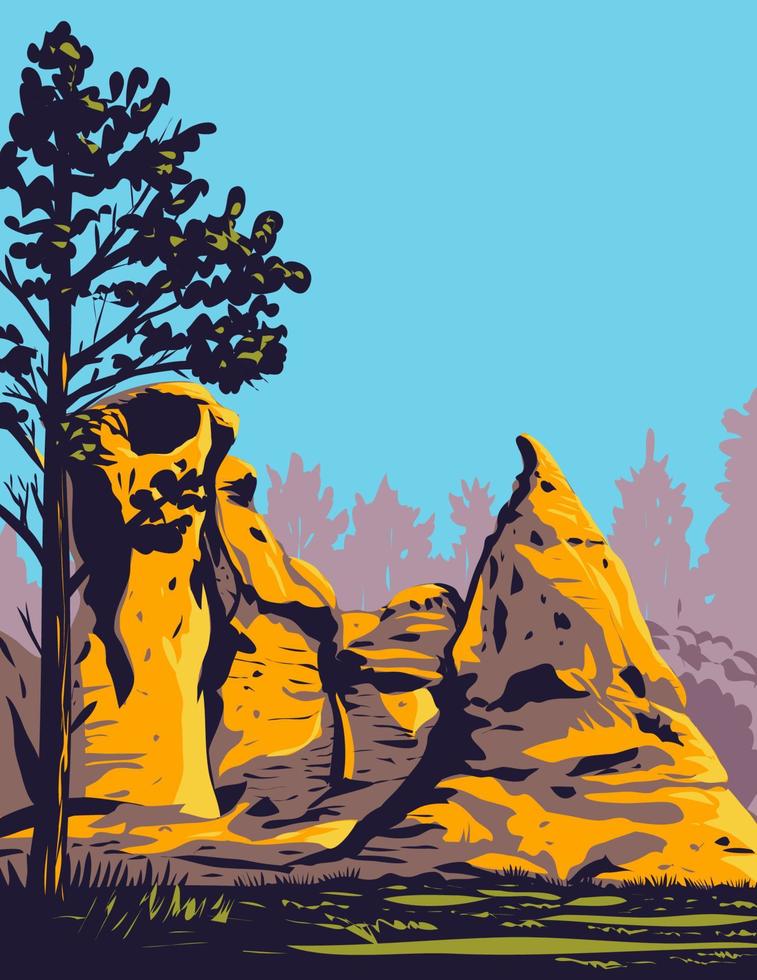 Medicine Rocks State Park con pilares de piedra arenisca en el oeste de Montana, EE. UU. wpa poster art vector