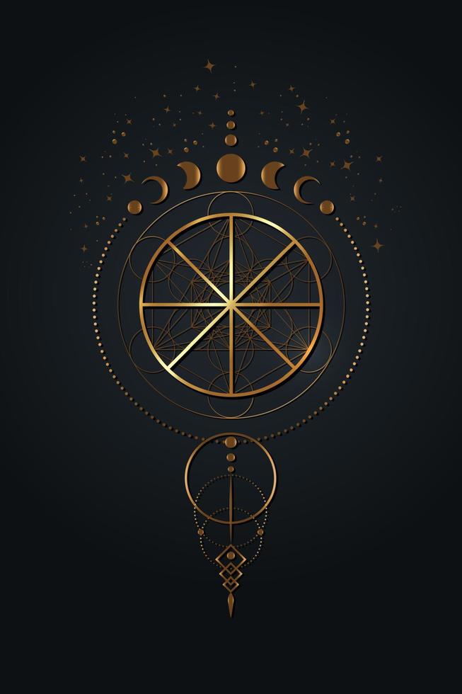 Dream catcher with Moon phases. Spirit symbol wicca alchemy icon, Golden Sacred Geometry, Magic logo design of the spiritual sign, boho style. Vector gold mandala isolated on black background