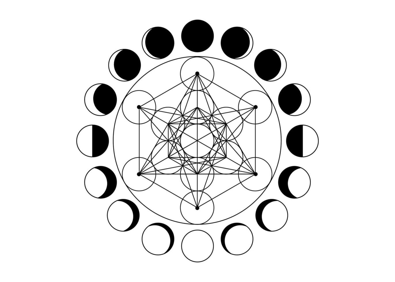 Metatrons Cube, Flower of Life. Sacred geometry, Moon Phases, geometric elements. Mystic icon platonic solids, abstract geometric drawing, crop circles. Vector isolated on white background