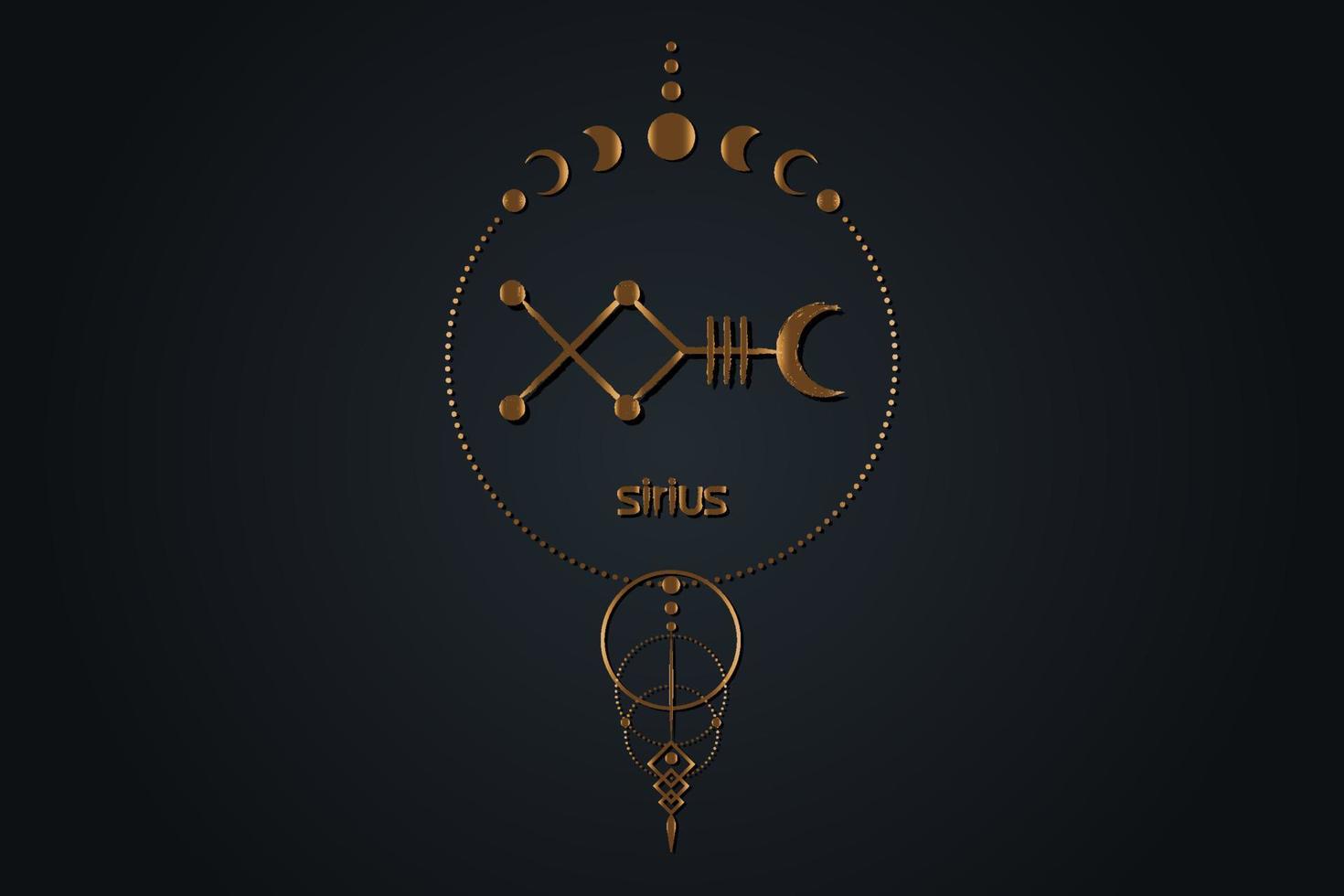 místico sirius estrella símbolo astrología alfabeto signo de oro, canis principales símbolos jeroglíficos kabbalísticos, ilustración de vector de icono de tatuaje dorado aislado sobre fondo negro