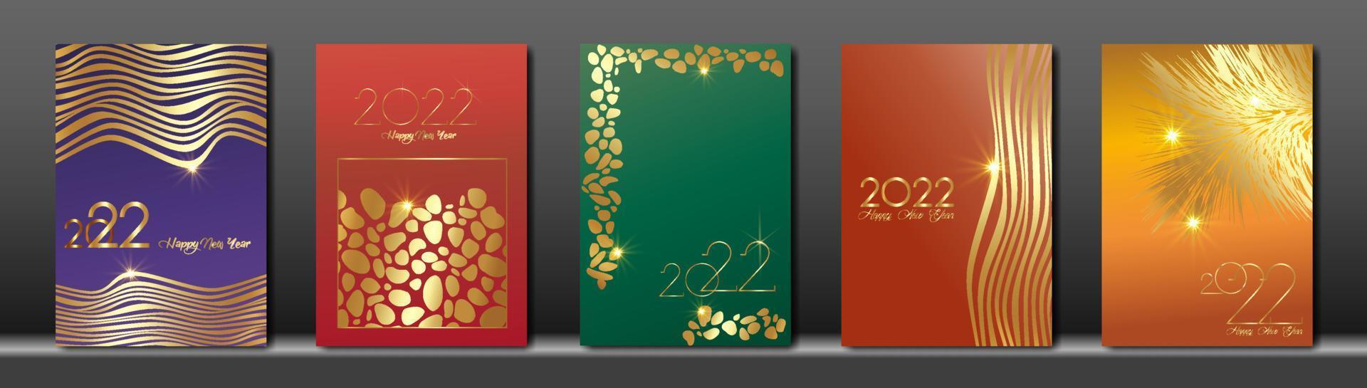 establecer tarjetas 2022 feliz año nuevo, textura animal de áfrica dorada, fondo colorido, elementos para el calendario y tarjeta de felicitación o invitaciones navideñas de vacaciones de invierno con decoraciones geométricas vector