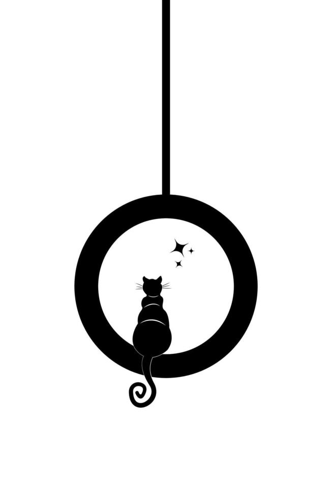 Black Cat with curly tail sitting on the swing at look at the stars, logo animal tattoo, vector illustration on white background