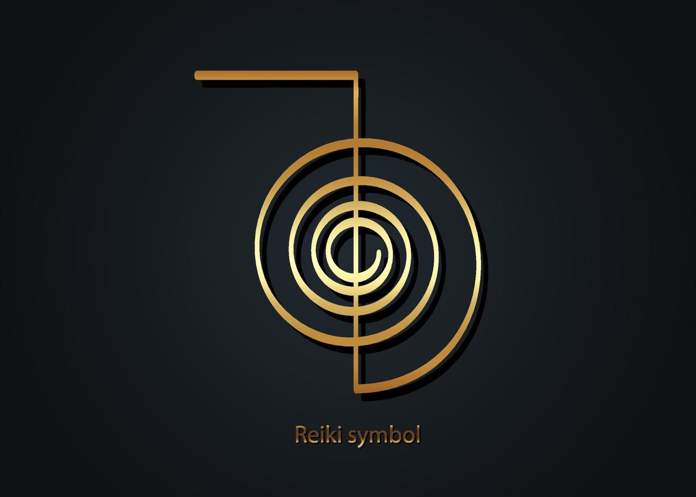 reiki símbolo infografía icono del logotipo de oro, un signo sagrado. energía espiritual. medicina alternativa. Espiral mística esotérica, vector de tatuaje aislado sobre fondo negro