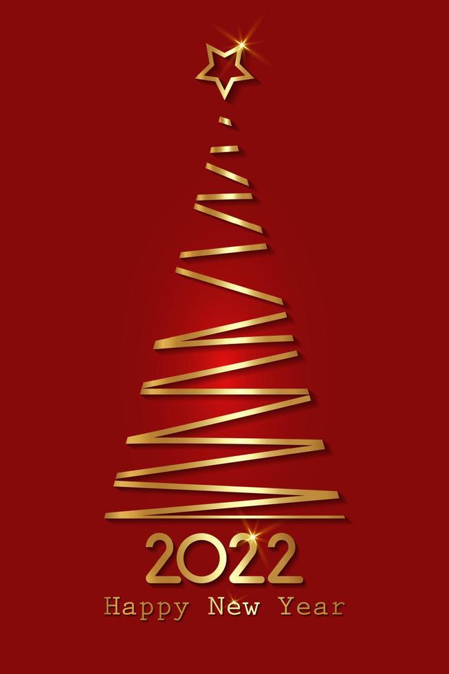 Gold stylized Christmas tree, 2022 New Year, golden luxury logo icon festive, vector isolated on red background