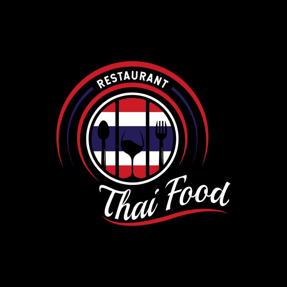 logotipo del restaurante de comida de Tailandia. símbolo de la bandera de Tailandia con iconos de cuchara, tenedor y vidrio. logo premium y de lujo vector