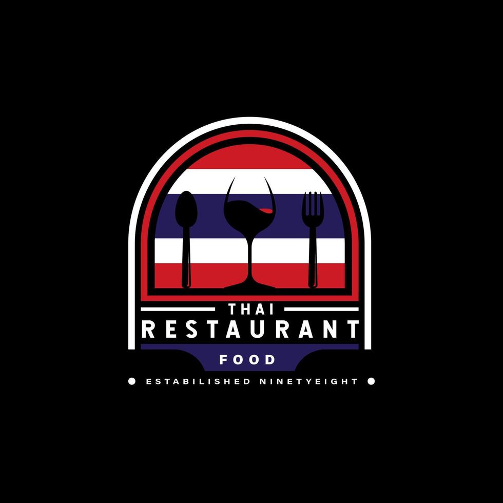 logotipo del restaurante de comida de Tailandia. símbolo de la bandera de Tailandia con iconos de cuchara, tenedor y vidrio. logo premium y de lujo vector