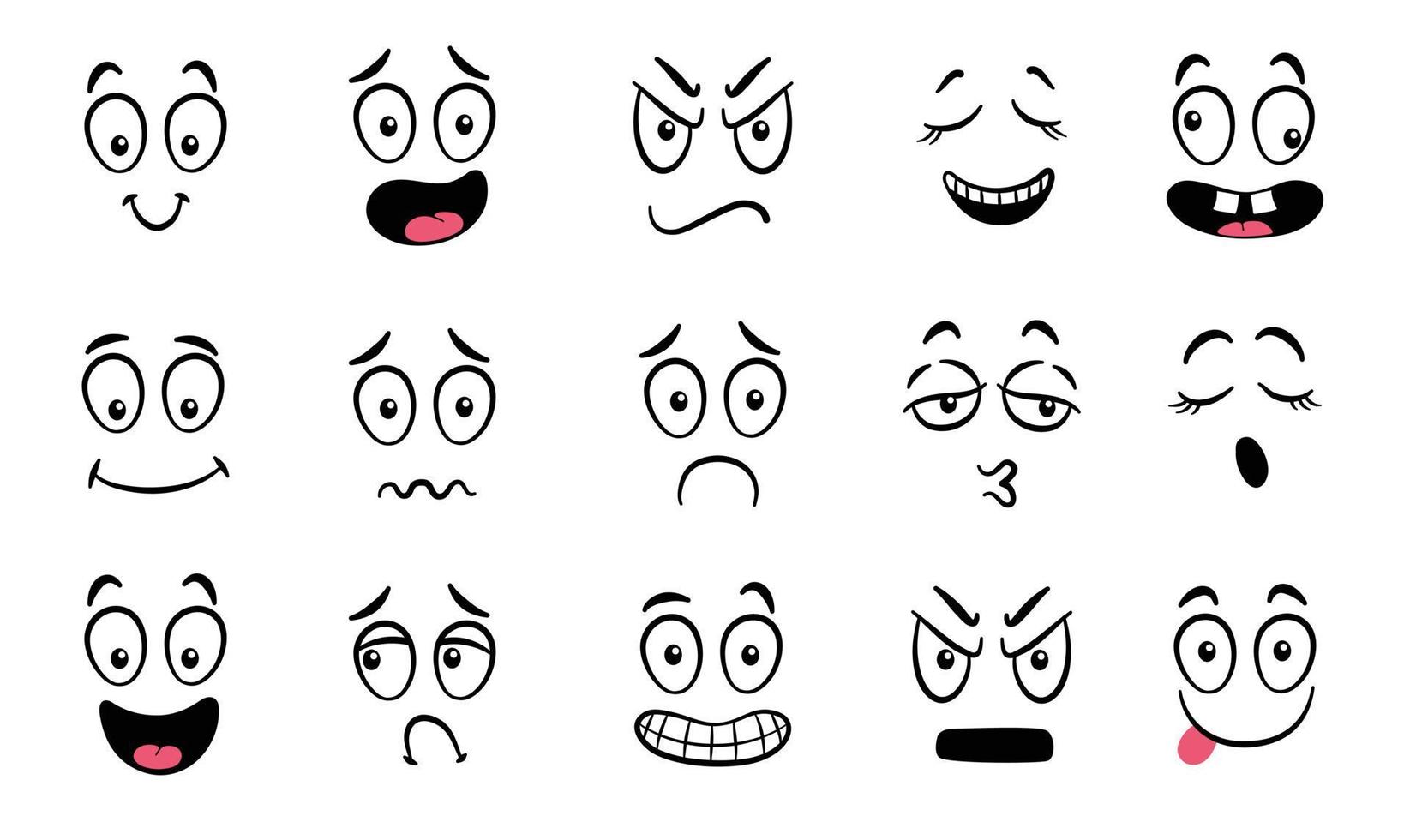 Cartoon faces. Expressive eyes and mouth, smiling, crying and surprised character face expressions. Caricature comic emotions or emoticon doodle. Isolated vector illustration icons set