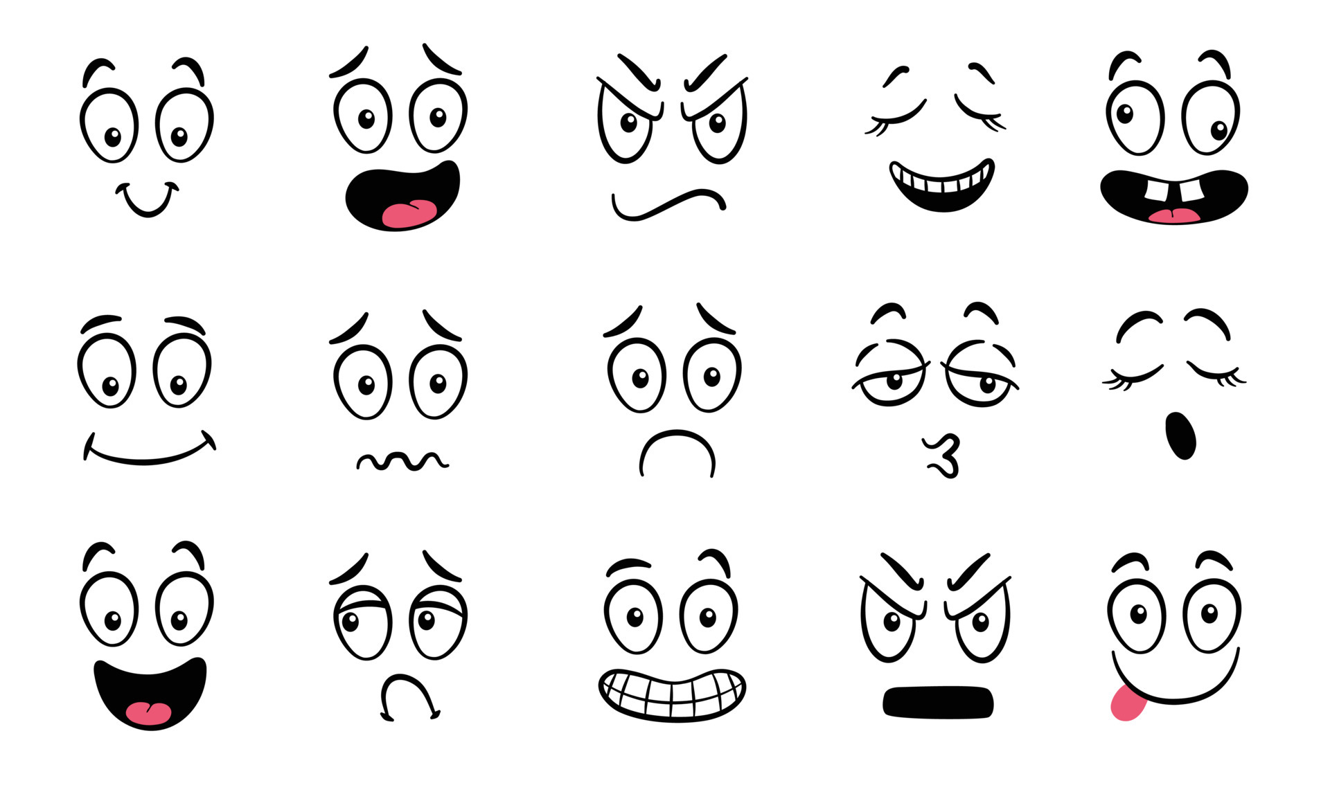 Cartoon faces. Expressive eyes and mouth, smiling, crying and surprised  character face expressions. Caricature comic emotions or emoticon doodle.  Isolated vector illustration icons set 4504957 Vector Art at Vecteezy
