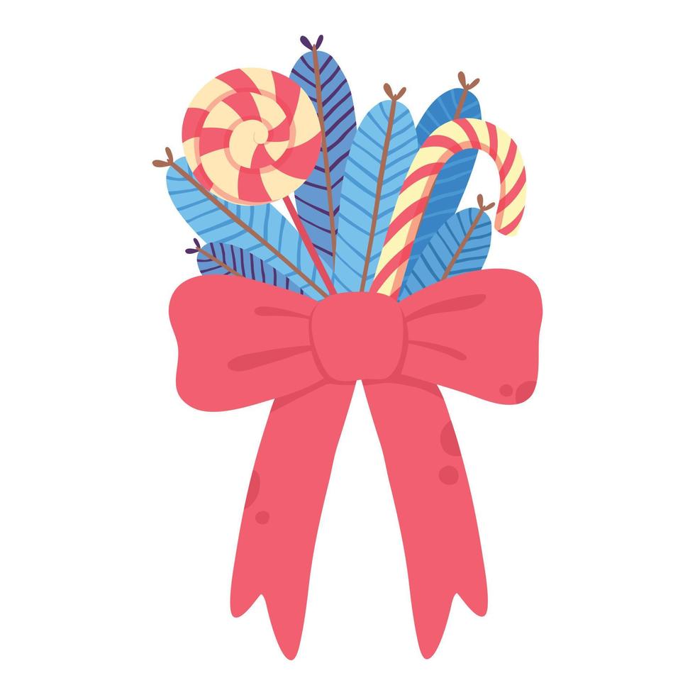 Christmas red bow with lollipop and candy stick icon, cartoon flat style vector