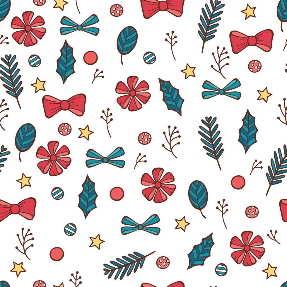 Vector illustration Funny Merry Christmas seamless pattern with gift, red bow and candy. Hand drawn doodle style