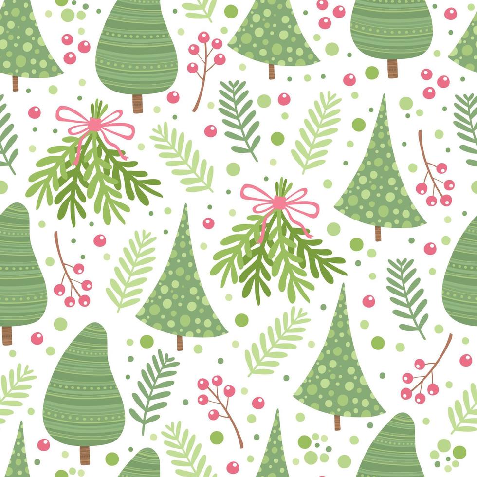 Christmas fir tree seamless pattern. Vector illustration for your holiday design. Fir tree xmas decoration with green branch and red berry