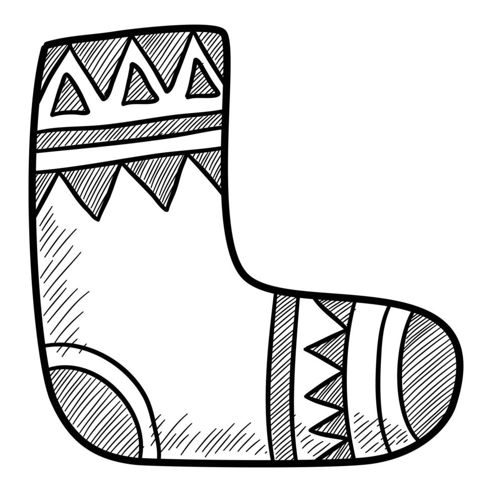 Navidad vacaciones icono de calcetín de algodón de lana, dibujado a mano y estilo de contorno vector