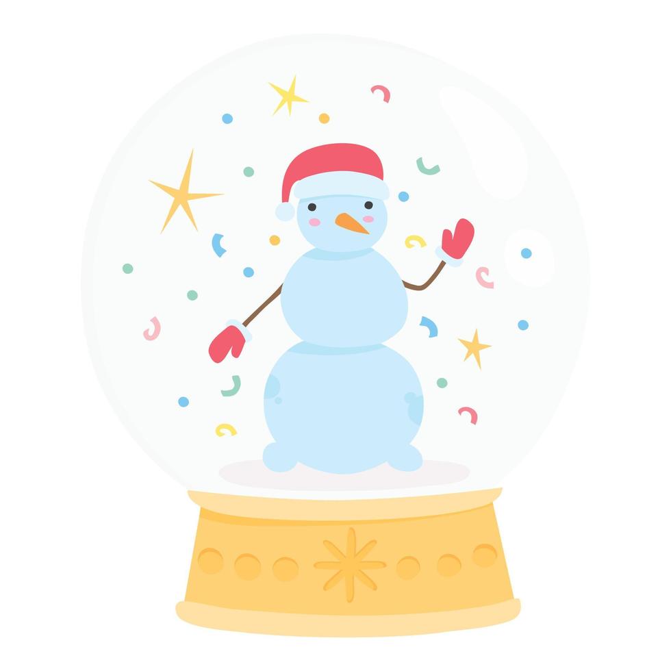 muñeco de nieve de navidad en icono de globo de cristal de vacaciones, estilo plano de dibujos animados vector