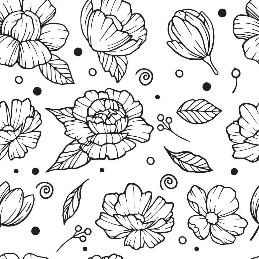 Seamless vector vintage pattern with bouquet of flowers on a white background. Peonies, roses, sweet peas, bell. Monochrome.