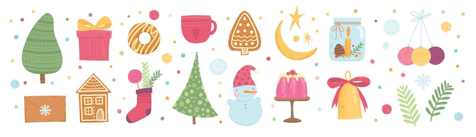 Collection of beautiful baubles and decorations for Christmas tree. Set of holiday ornaments, animals, Santa, snowman, gold bell. Colored vector illustration in flat cartoon style