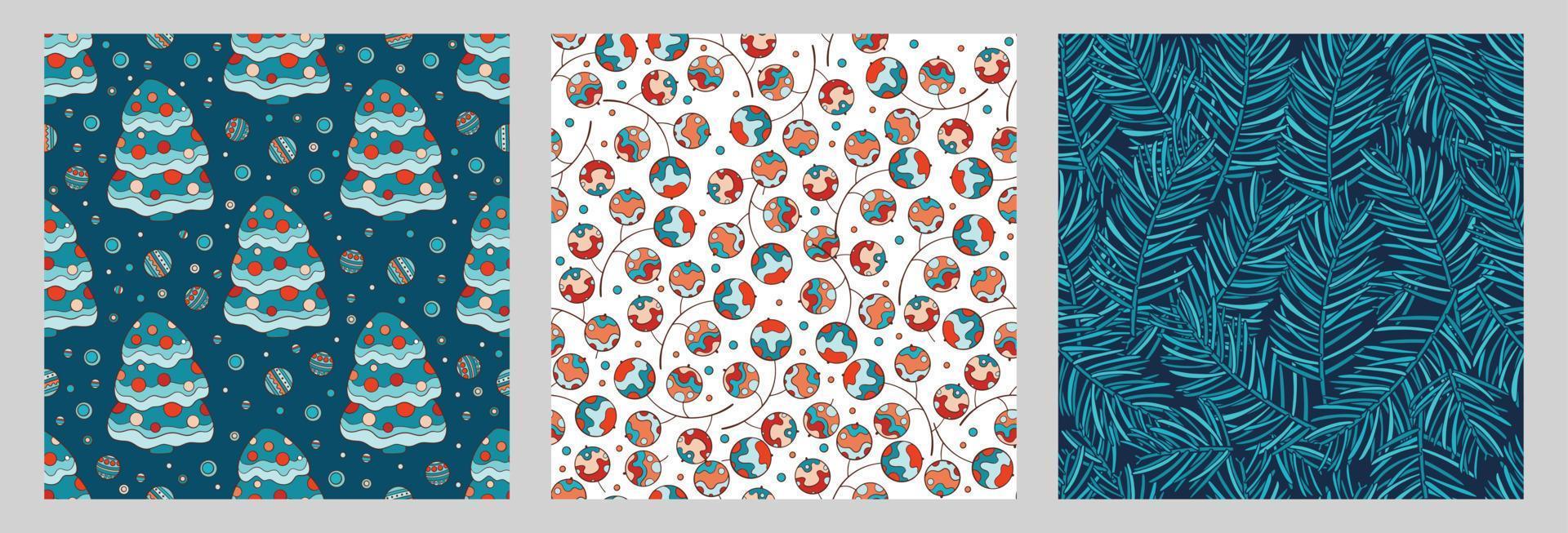 Set of Christmas fir tree, needles and balls seamless patterns. Vector illustration for your holiday design with colorful pattern. Fir tree xmas decoration with ball and colorful branch