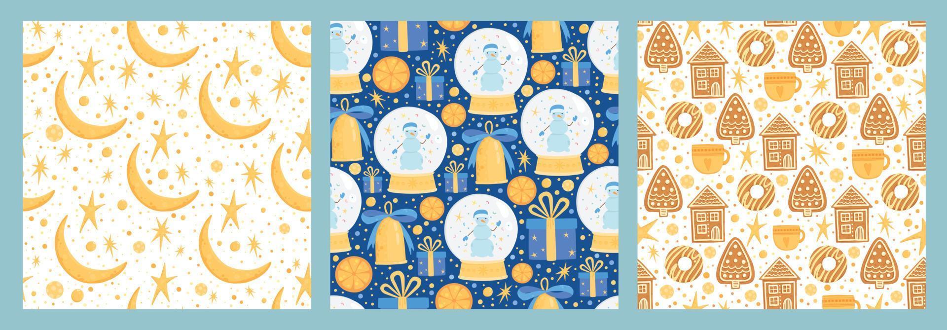 Set of Christmas seamless patterns. Vector illustration for your holiday design with colorful pattern. Fir tree xmas decoration with moon, stars, gold bell, snowglobe, snowman, cookie, donut, house