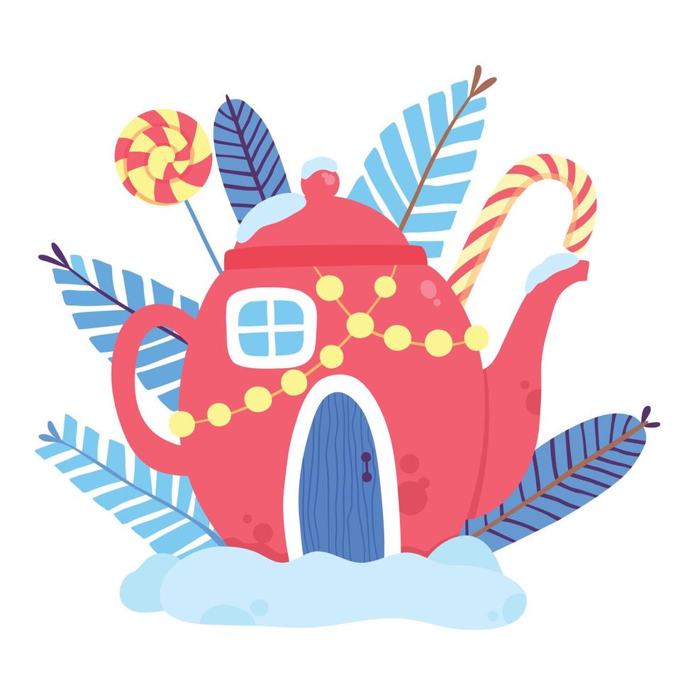 Christmas red teapot house with candies icon, cartoon flat style vector