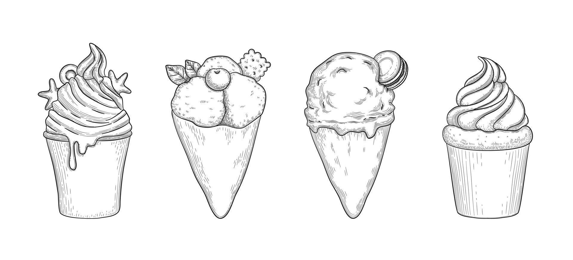 vector con helado detallado dibujado a mano y postre de frutas