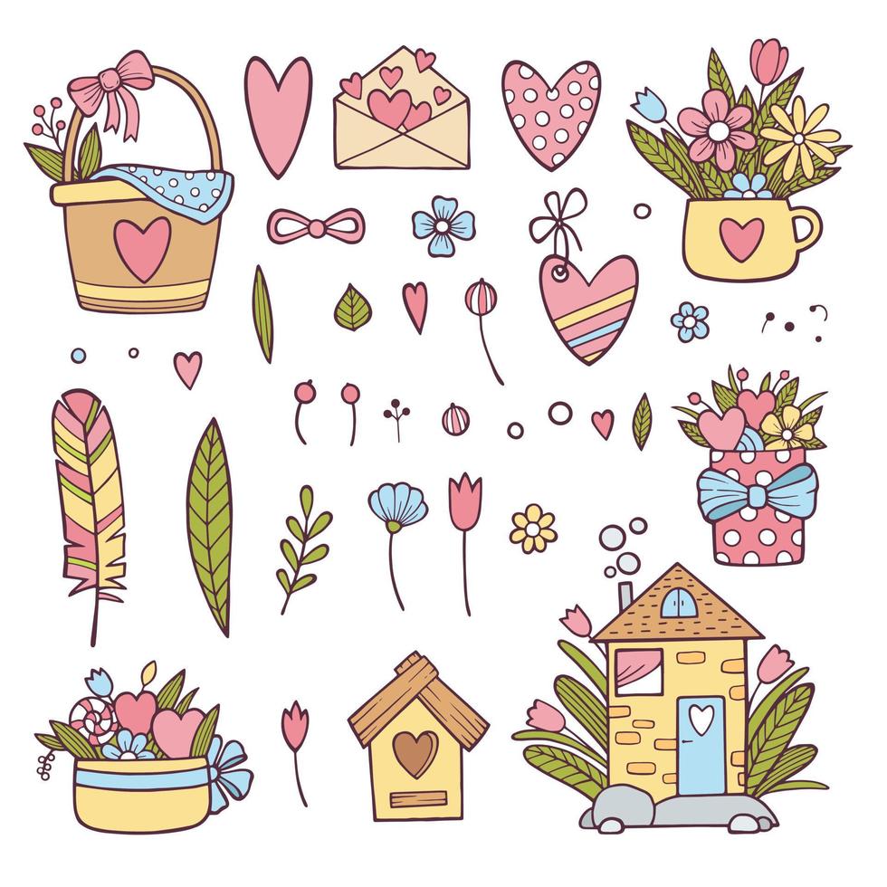 Set of hand drawn doodle love elements for wedding, Valentines Day card, sticker, stamp design. Vector illustration with heart, love, speech bubble, arrow, lettering text. Hand drawn sketch style.