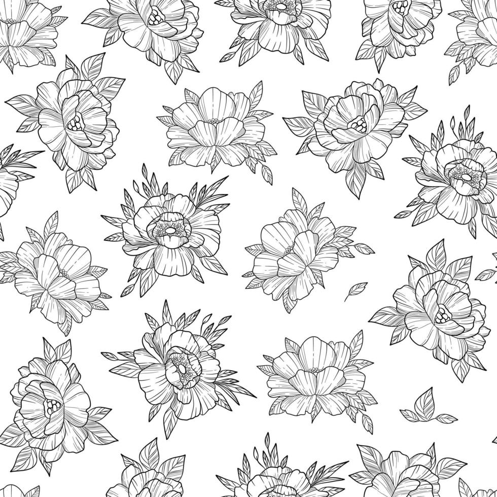 peonías sin patrón floral. arte de dibujo a mano. ilustración vectorial en blanco y negro. flores estilo oriental. fondo vintage. plantilla para crear tela, papel, textiles, cortinas, envoltura. vector