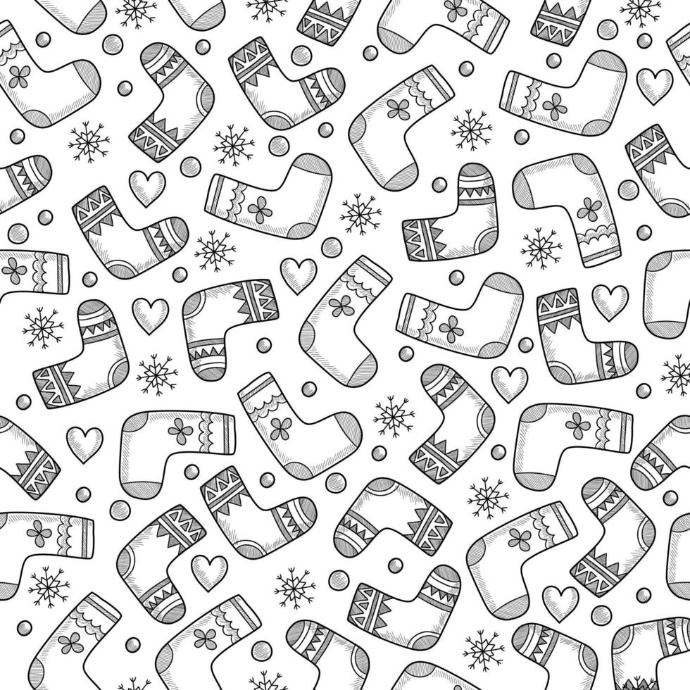Christmas holiday cotton socks seamless pattern. Vector illustration for your holiday design. Fir tree xmas decoration with snowflakes, hearts, candy