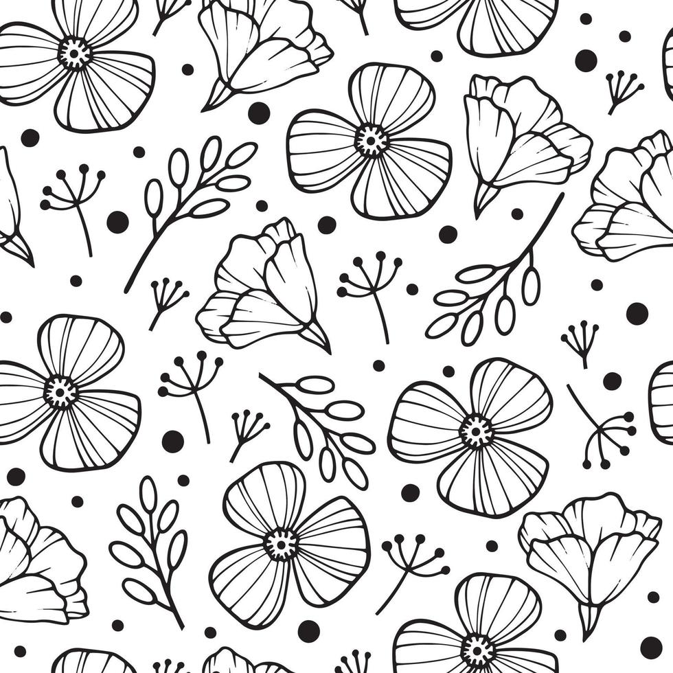 Seamless monochrome pattern with abstract poppy flowers vector