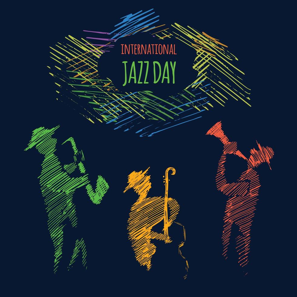 Ilustración del día internacional del jazz de una banda de música en vivo tocando diversos instrumentos musicales en un concierto o evento de festival. vector