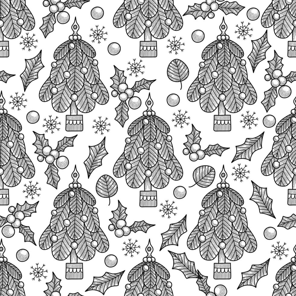 Christmas ball tree seamless pattern. Vector illustration for your holiday design. Fir tree xmas decoration with berry branch