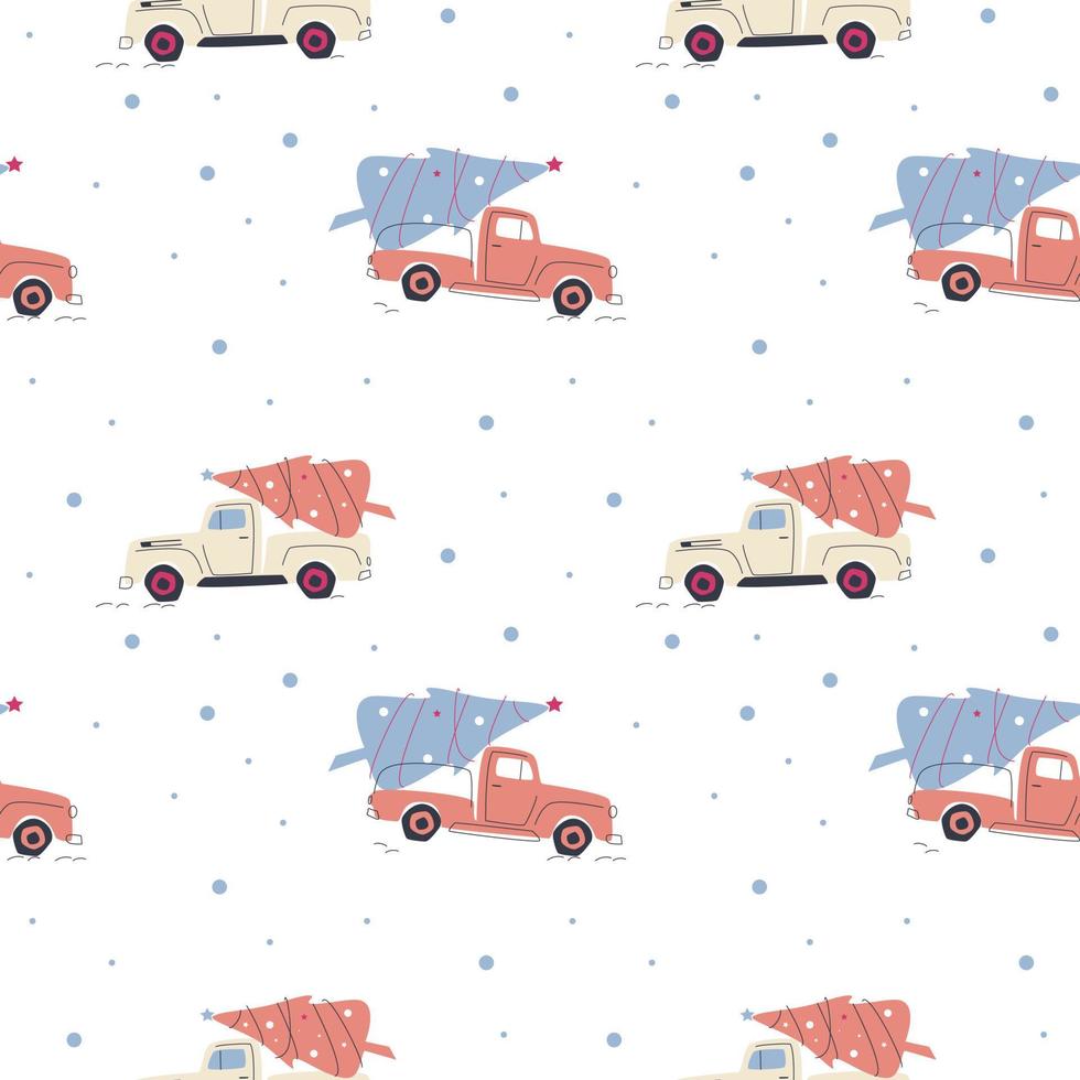 Seamless winter pattern of cars with Christmas trees vector