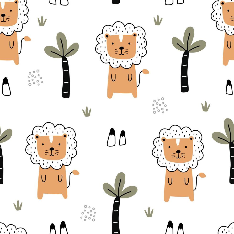 Cartoon animal background for kids seamless pattern with lion and tree Kids style hand drawn design. Use for fabric, textile, wallpaper print, decoration, vector illustration.