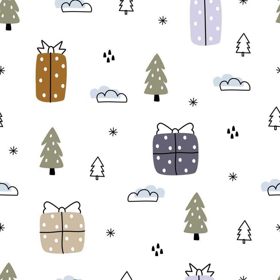 Patrón de vector de fondo de Navidad transparente con caja de regalo y diseño de árbol de Navidad dibujado a mano en estilo de dibujos animados utilizado para imprimir ilustraciones, papel tapiz, tela, textil, moda