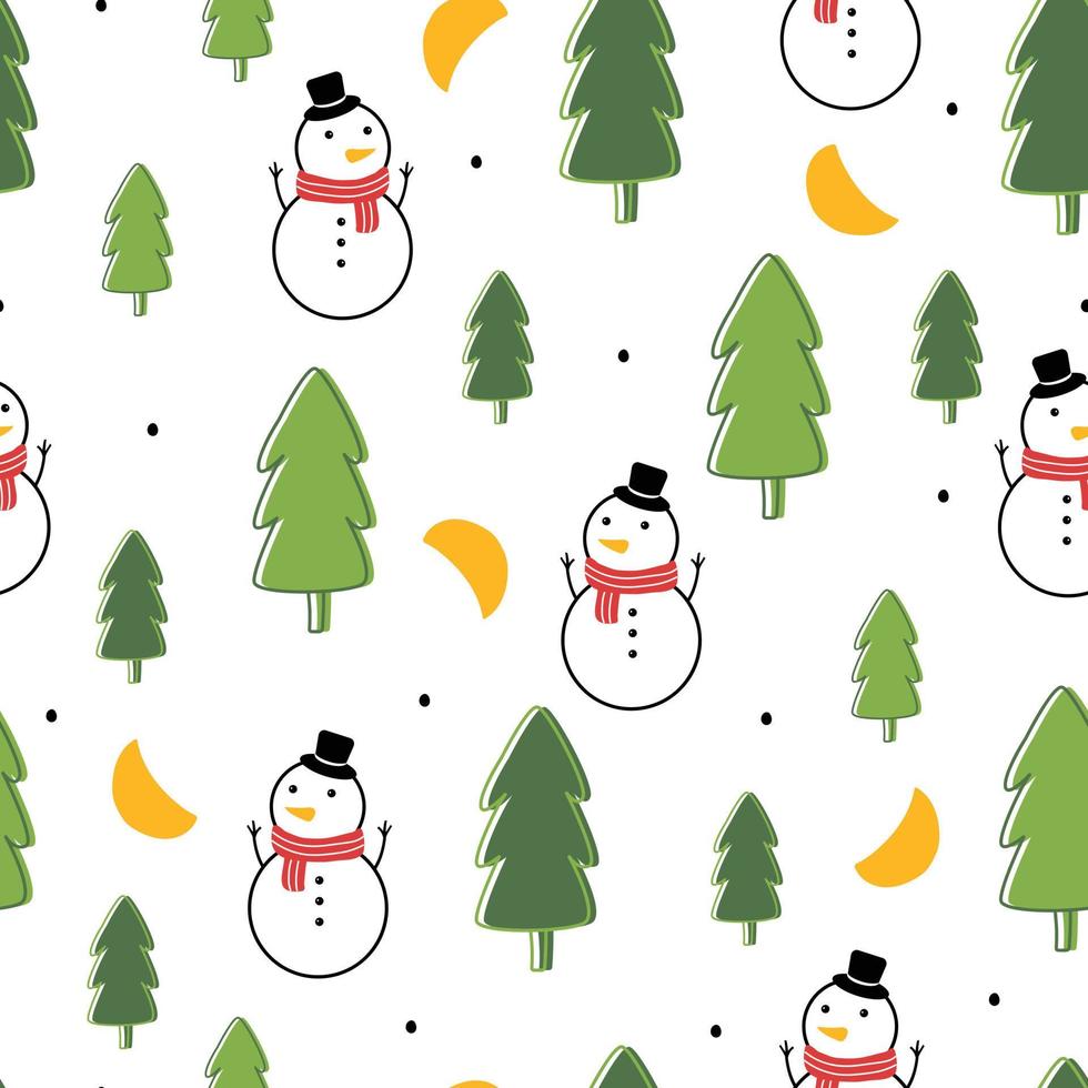 Seamless Christmas Background Vector Pattern With Snowman With Christmas tree. Hand drawn design in cartoon style. Use for prints, illustrations, decorative wallpaper, fabrics, textiles, fashion.